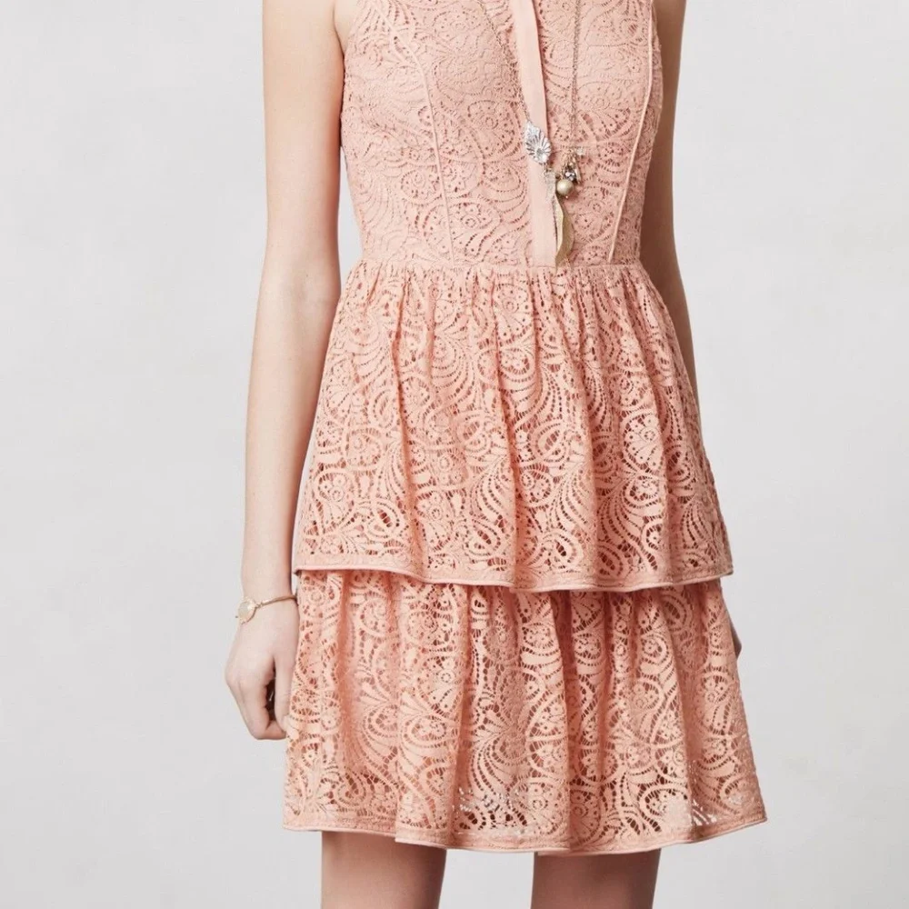 Anthropologie Tiered Lace Shirtdress Nude Pink Cocktail Party Dress, Size M - Picture 3 of 4